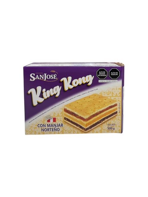 Box of San Jose King Kong cookies with purple and yellow design - Front of Box