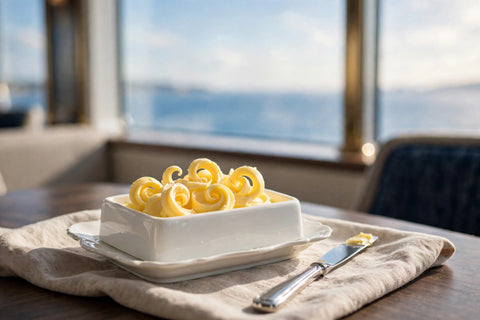 Butter curls in a porcelain dish with ocean view