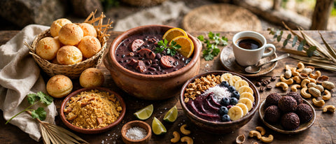 Brazilian foods: feijoada, pao de queijo, brigadeiros