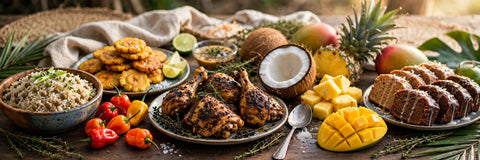 Caribbean foods: tostones, jerk chicken, tropical fruit