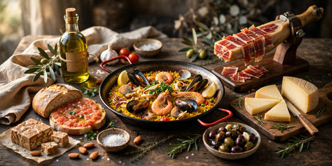 Spanish foods: paella, jamon, manchego, olive oil