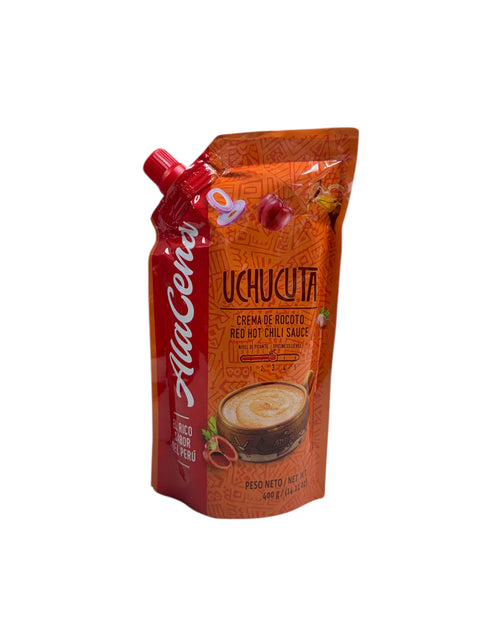 Pouch of AlaCena Uchucuta Hot Sauce  In an orange packaging - Front of pouch 